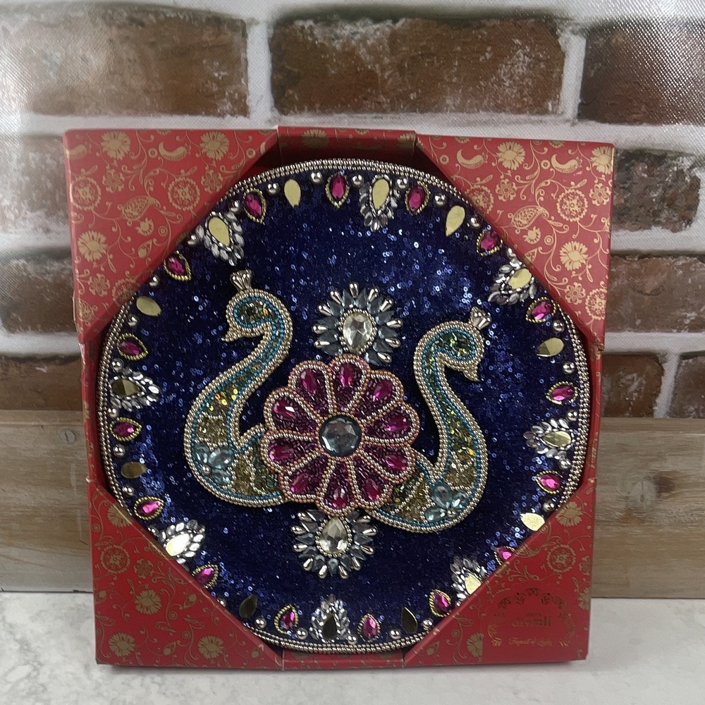 Happy Diwali Peacock Decorative Plate Blue Jeweled Puja Thali Tray with Box